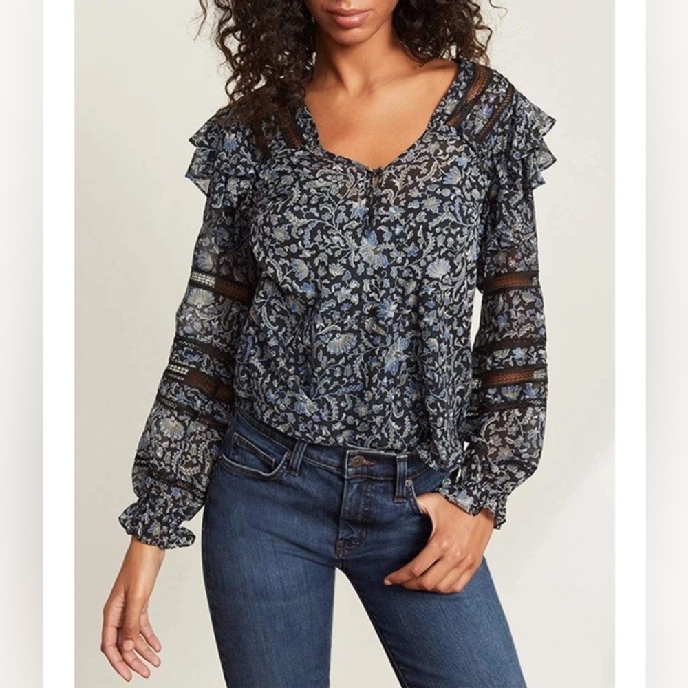 Veronica Beard Penny Floral-Print Black Multi Silk-Chiffon Habotai Blouse EUC 0